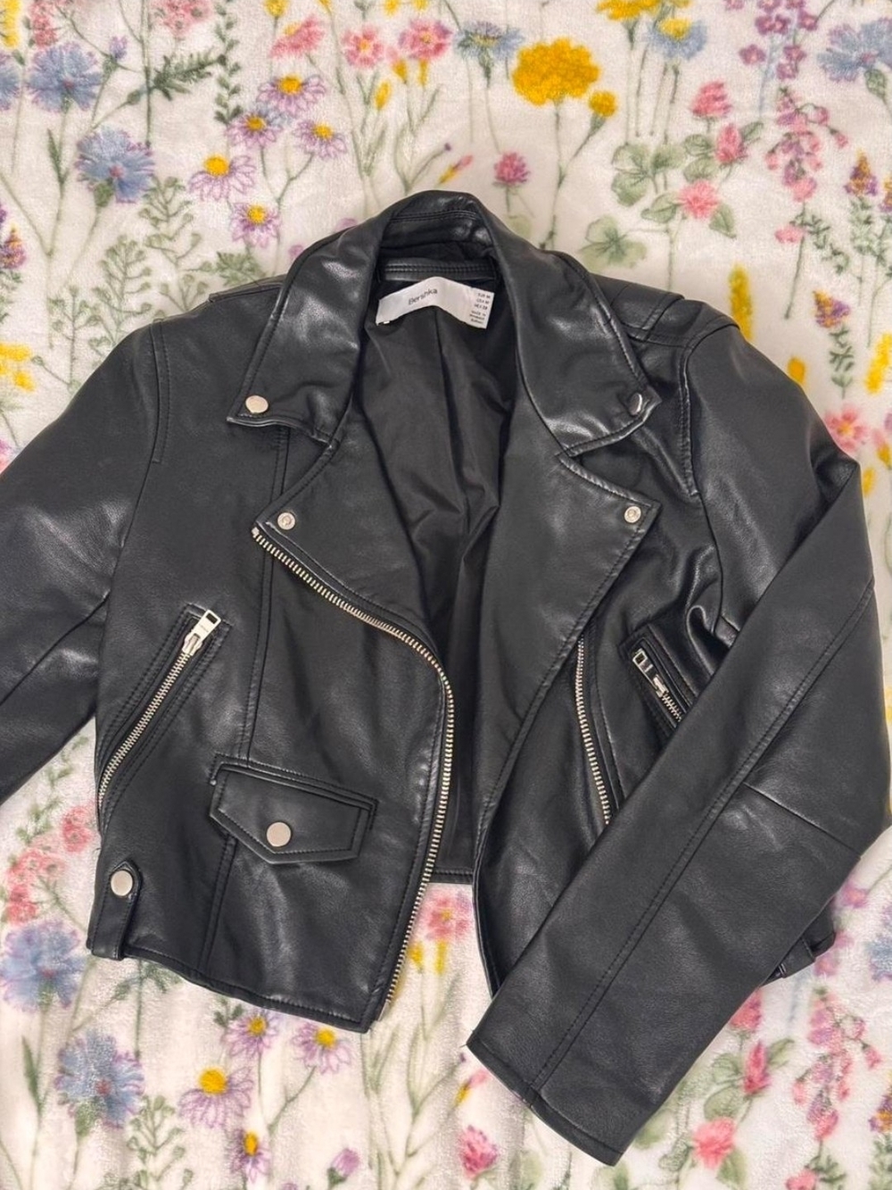 Black Leather Cropped Moto Jacket - Bershka Brand